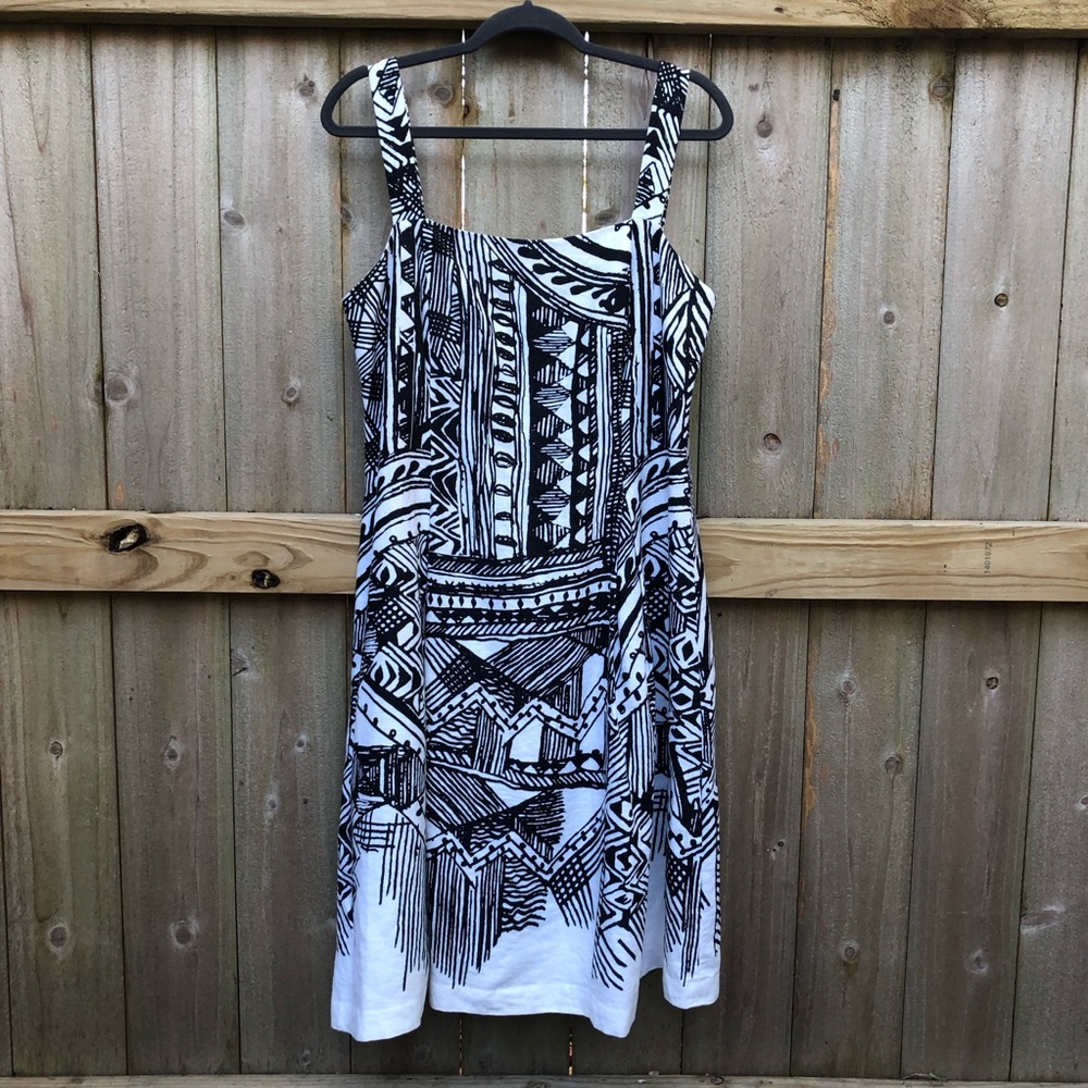 Donna Morgan 100% Linen Dress Size 14 Black White Geometric Sleeveless Lagenlook